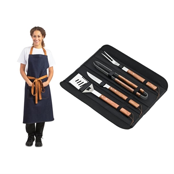 Deglon Sabatier Prep Like A Pro 4-Piece BBQ Utensil Set With Whites Denim-Blue Apron sa636