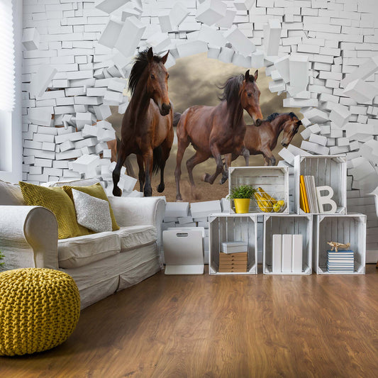 3D Horses Jumping Through Hole In Brick Wall Photo Wallpaper Wall Mural - USTAD HOME