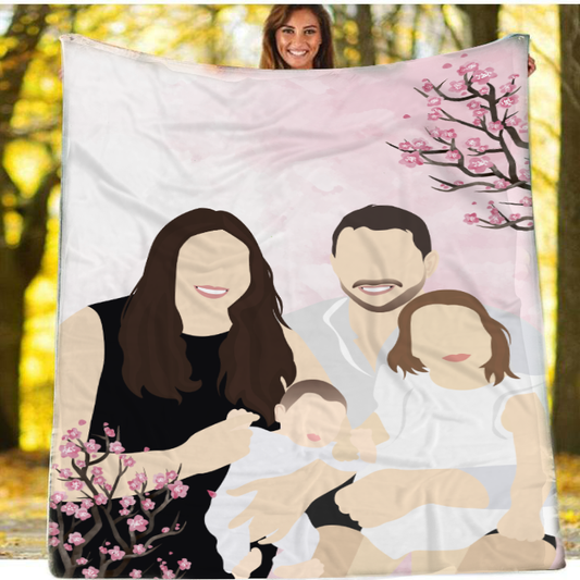 Personalized Faceless Illustration Photo Design Baby Couple Family Pink Blanket - USTAD HOME