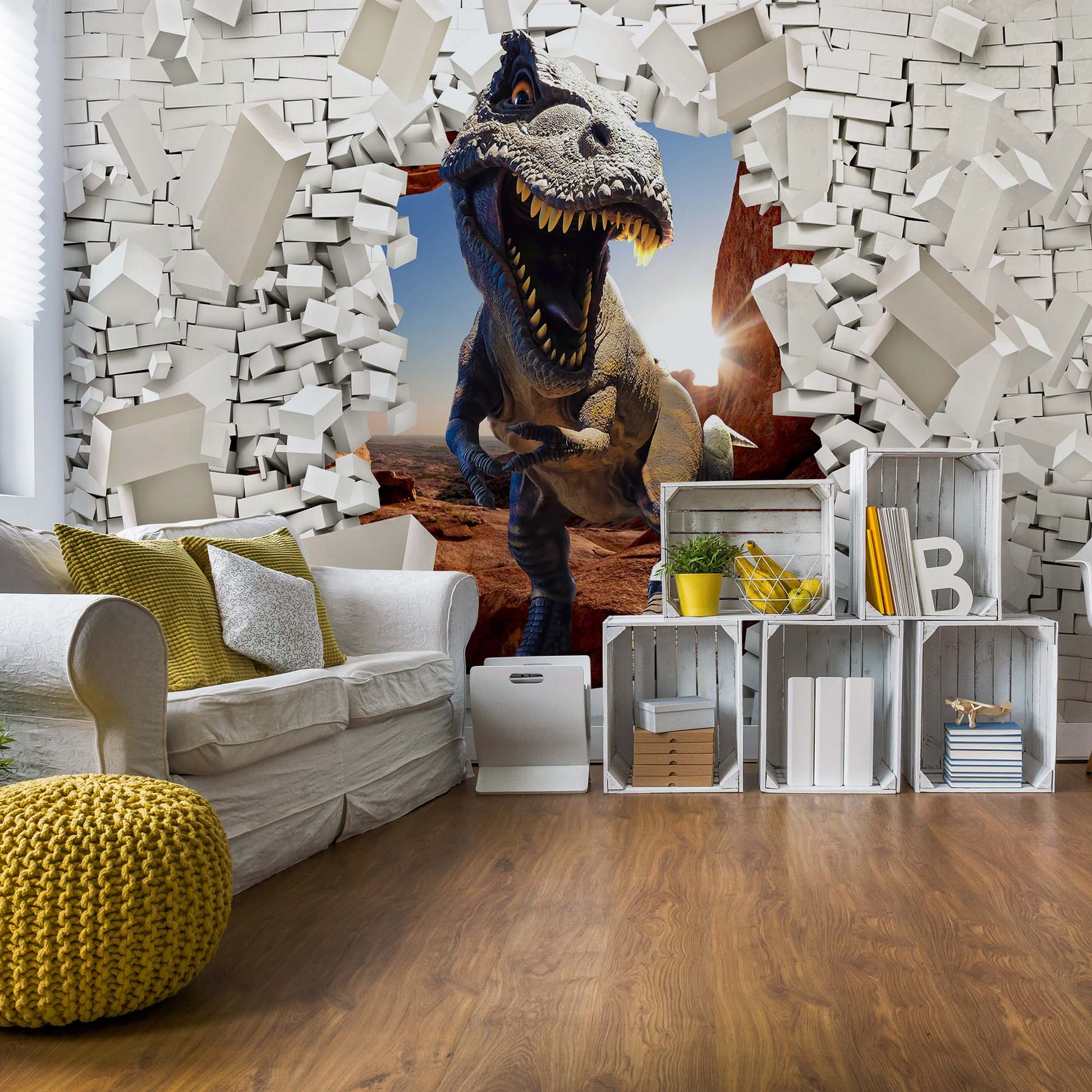 3D Dinosaur Bursting Through Brick Wall Photo Wallpaper Wall Mural - USTAD HOME