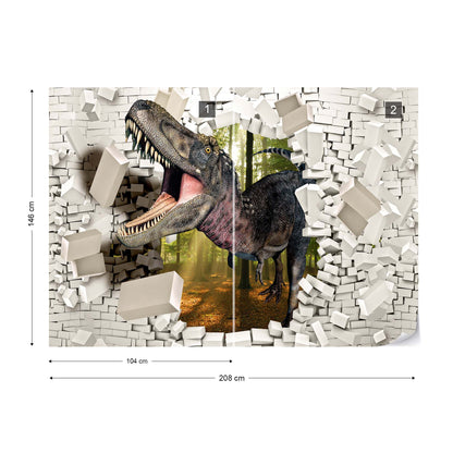 3D Dinosaur Bursting Through Brick Wall Photo Wallpaper Wall Mural - USTAD HOME