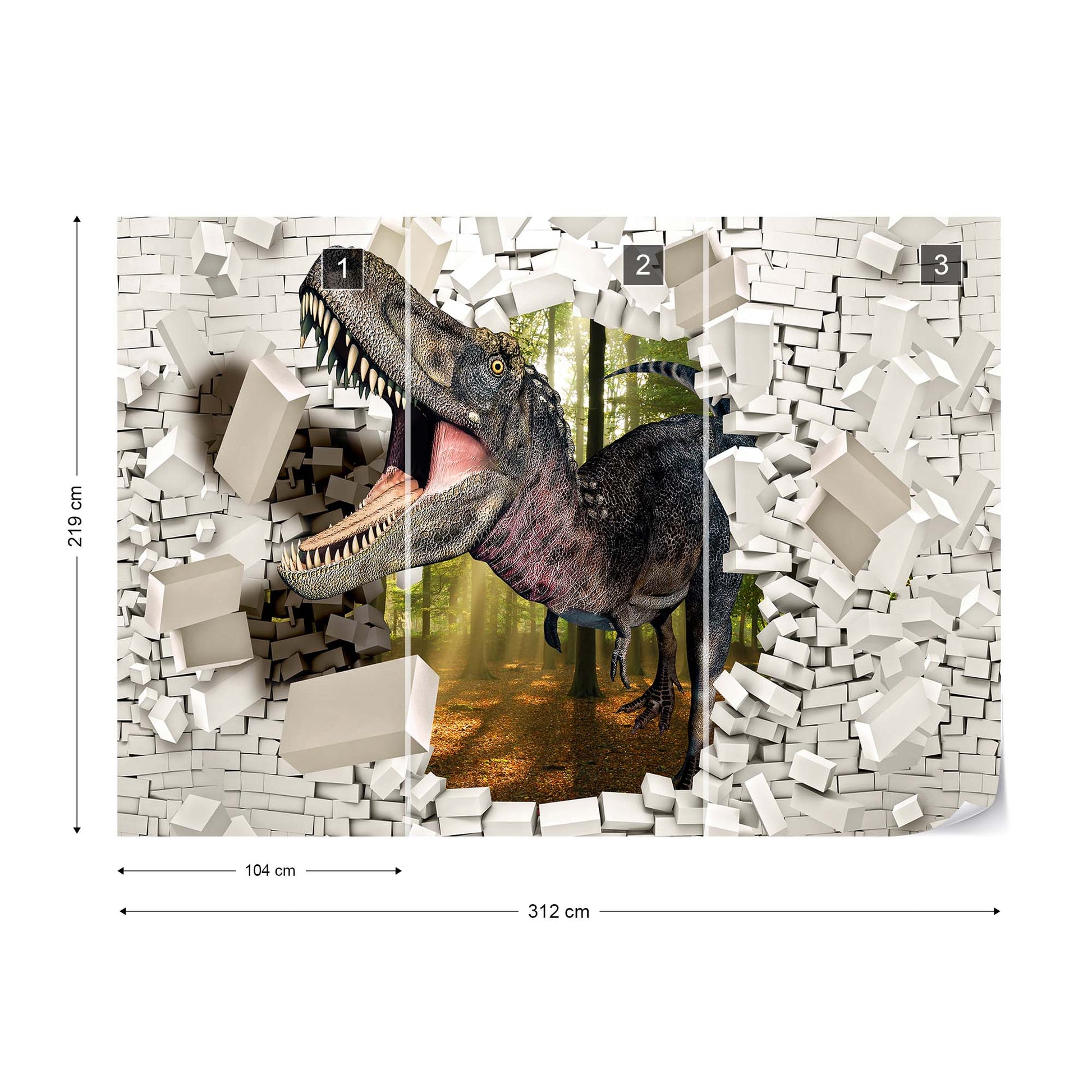 3D Dinosaur Bursting Through Brick Wall Photo Wallpaper Wall Mural - USTAD HOME