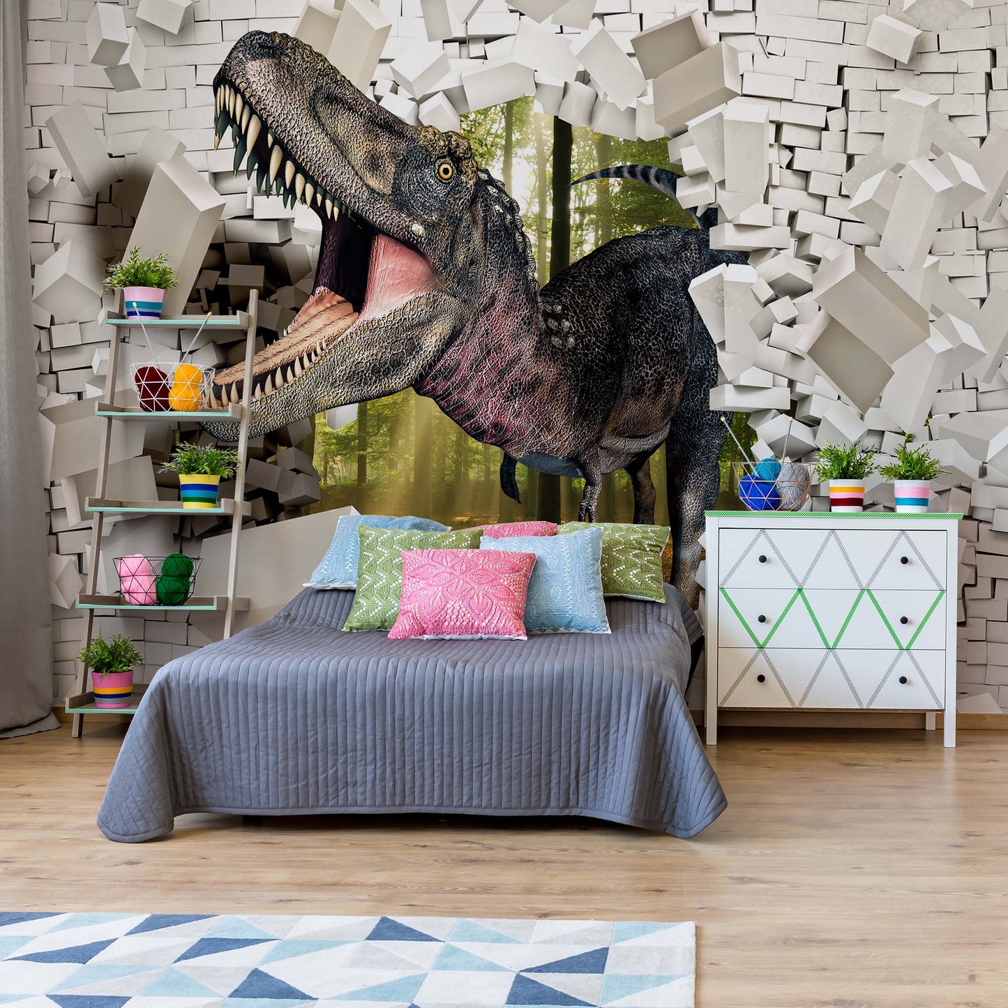 3D Dinosaur Bursting Through Brick Wall Photo Wallpaper Wall Mural - USTAD HOME