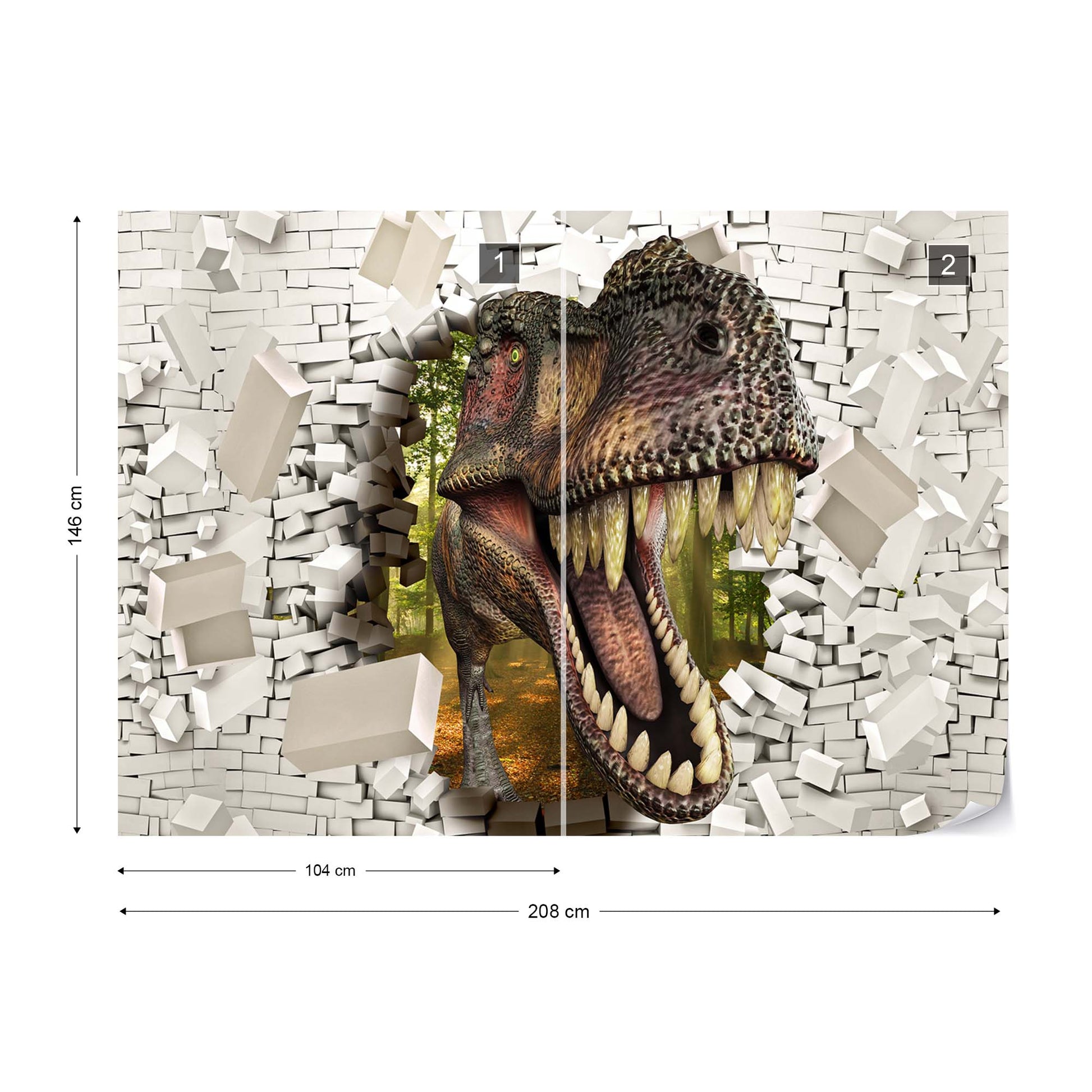 3D Dinosaur Bursting Through Brick Wall Photo Wallpaper Wall Mural - USTAD HOME