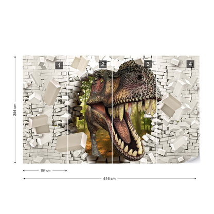 3D Dinosaur Bursting Through Brick Wall Photo Wallpaper Wall Mural - USTAD HOME