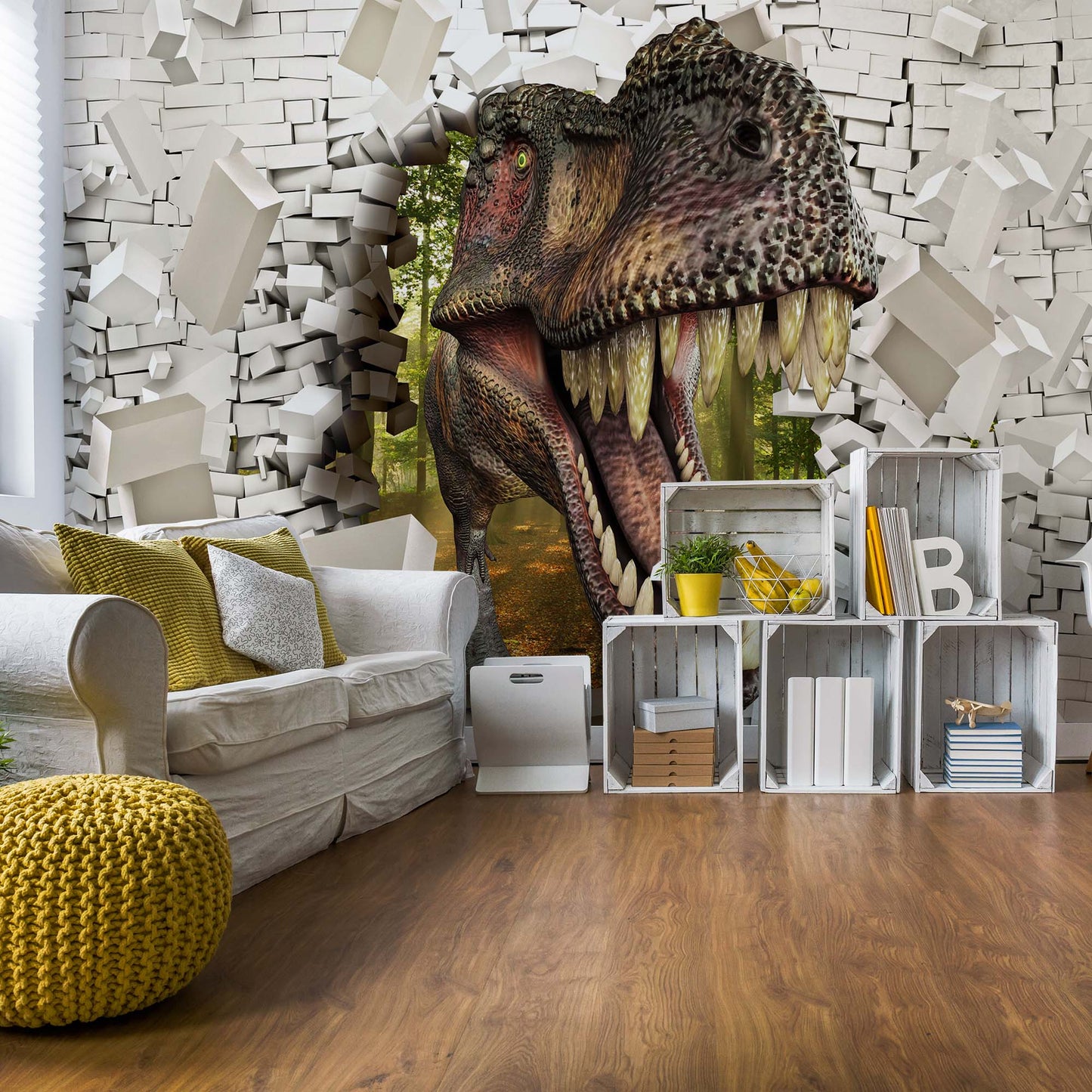 3D Dinosaur Bursting Through Brick Wall Photo Wallpaper Wall Mural - USTAD HOME