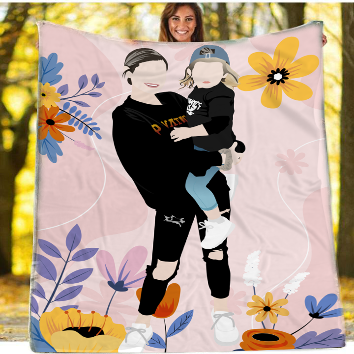 Personalized Faceless Illustration Photo Design Happy Baby Couple Family Pink Blanket - USTAD HOME