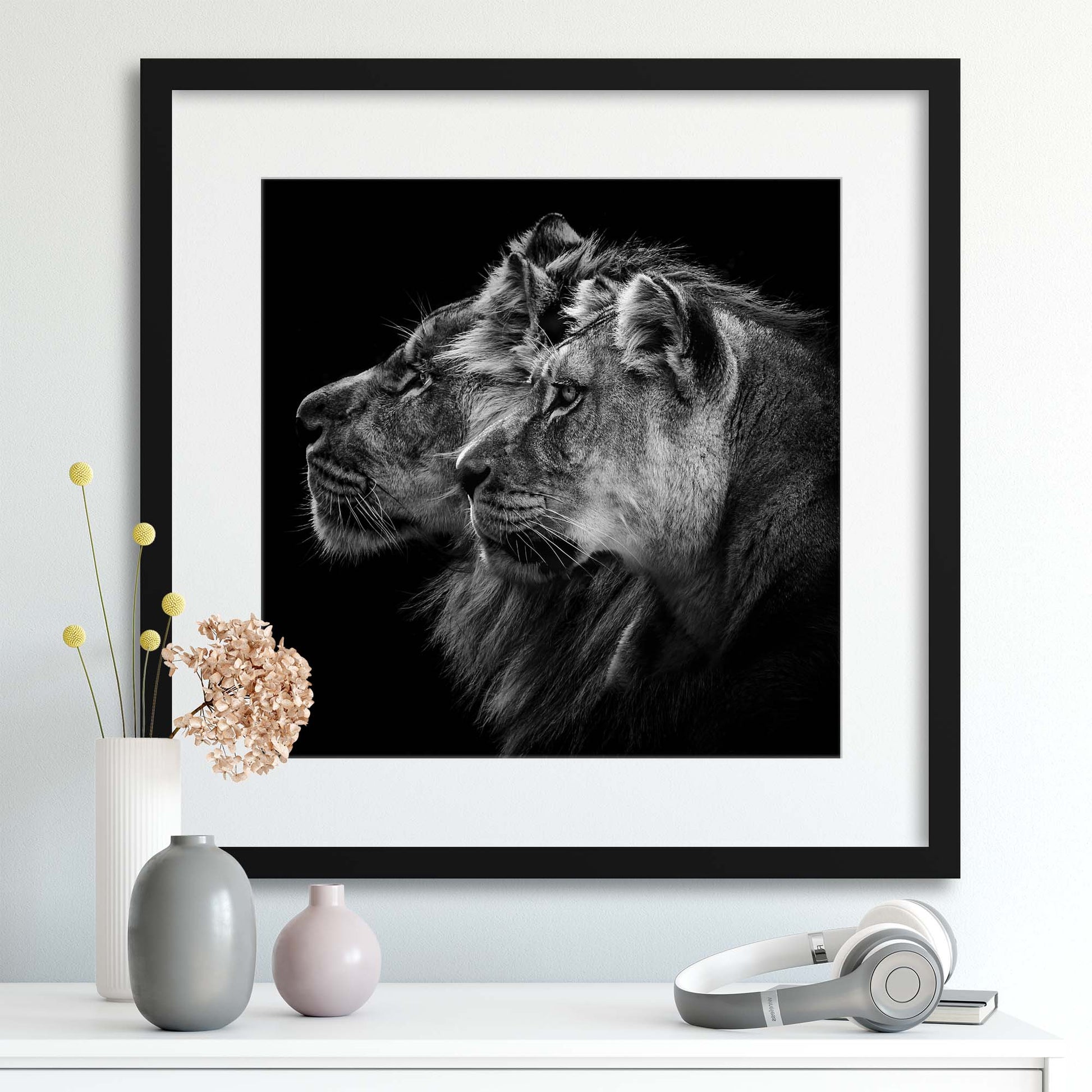 Lion and Lioness Portrait by Laurent Lothare Dambreville Framed Print - USTAD HOME