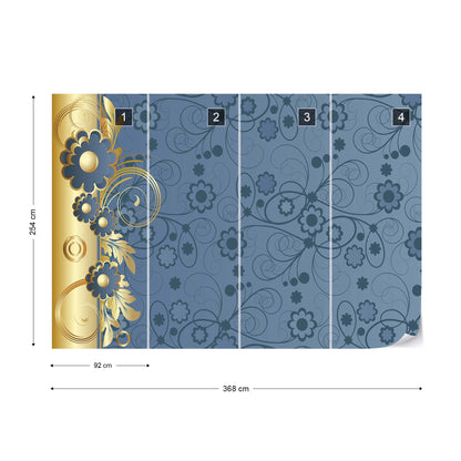 Blue And Gold Floral Design Photo Wallpaper Wall Mural - USTAD HOME