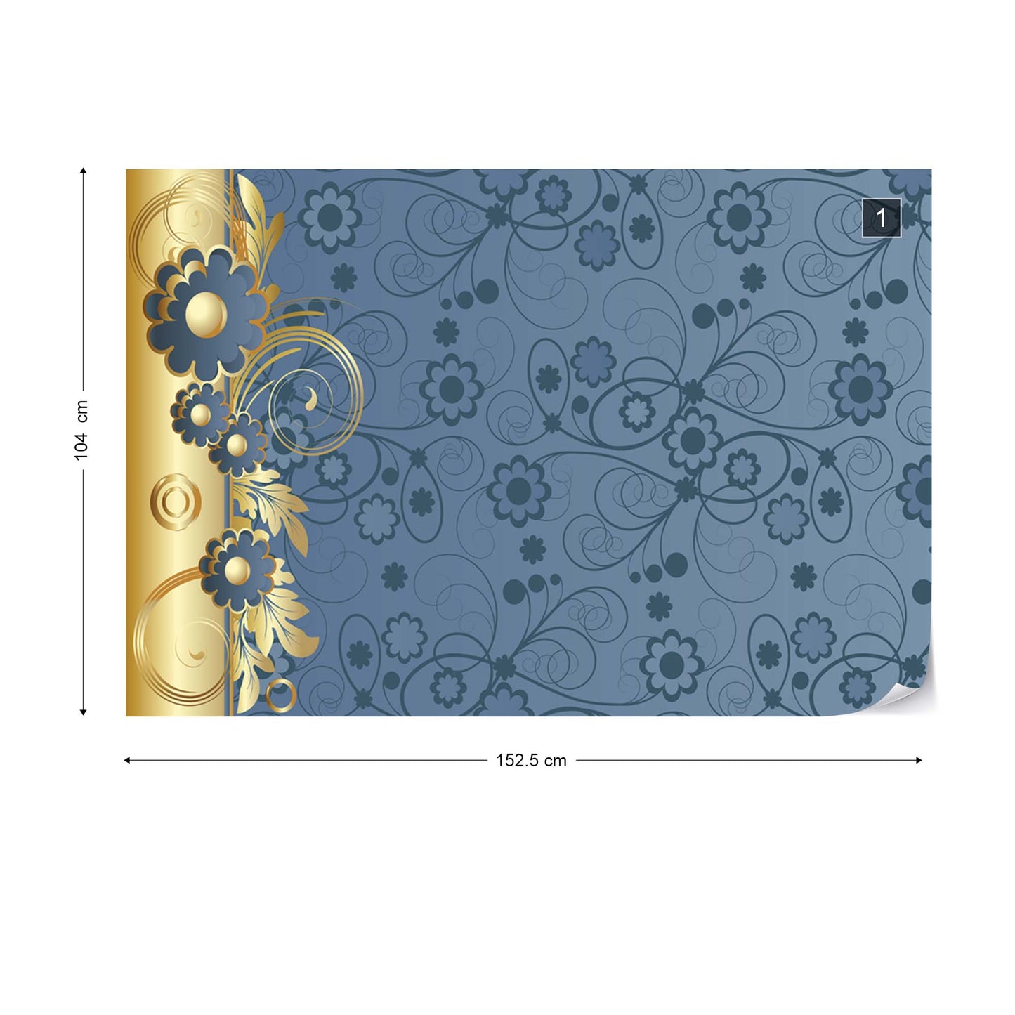 Blue And Gold Floral Design Photo Wallpaper Wall Mural - USTAD HOME