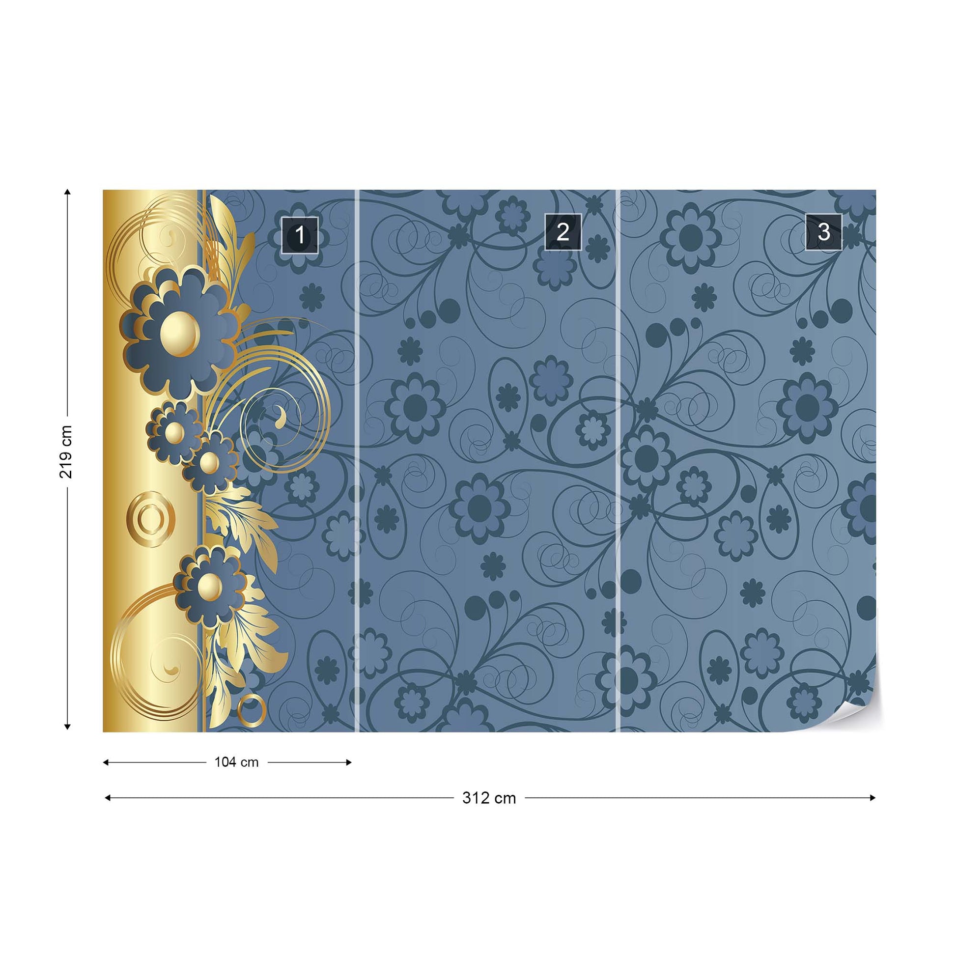 Blue And Gold Floral Design Photo Wallpaper Wall Mural - USTAD HOME