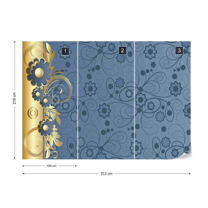 Blue And Gold Floral Design Photo Wallpaper Wall Mural - USTAD HOME