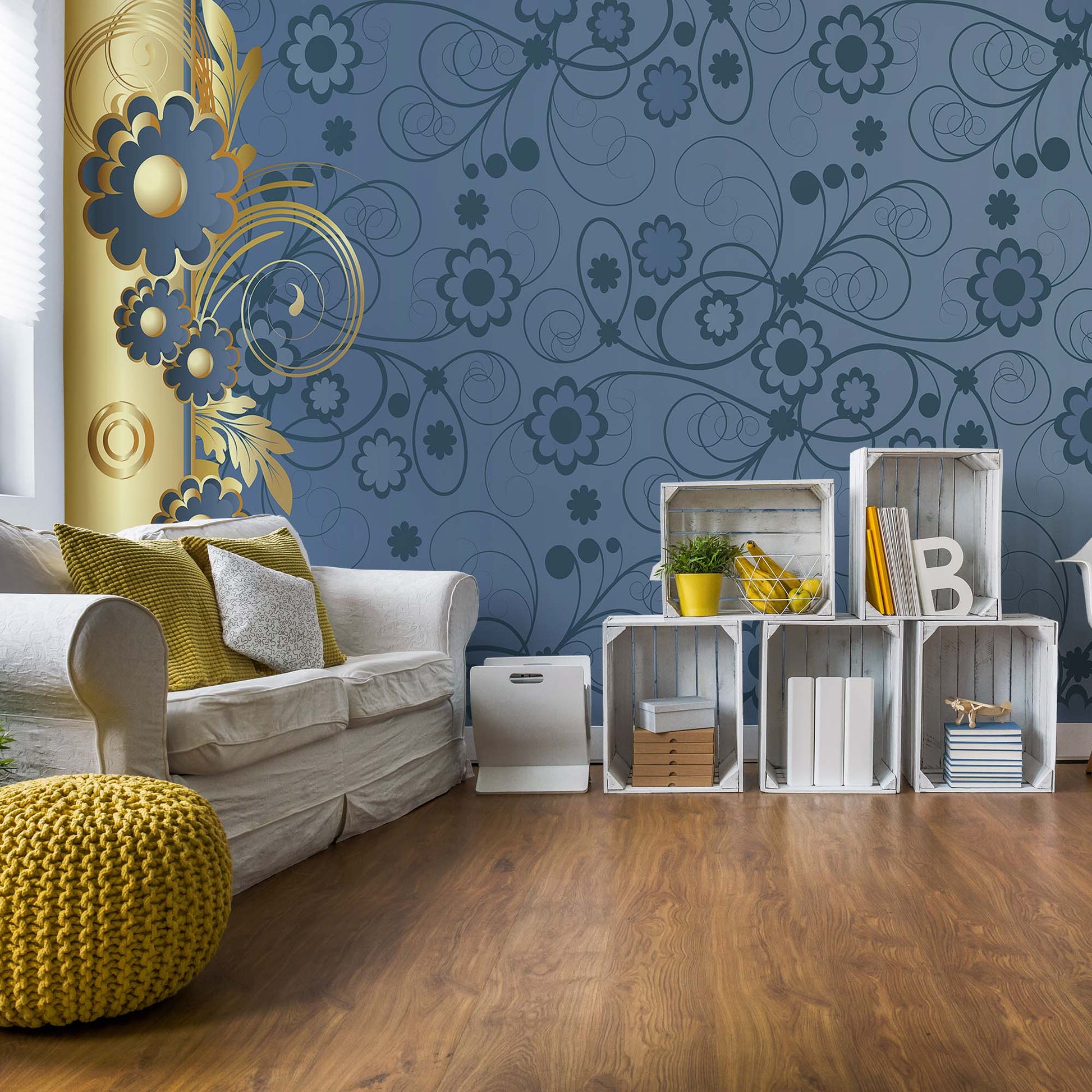 Blue And Gold Floral Design Photo Wallpaper Wall Mural - USTAD HOME