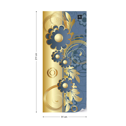 Blue And Gold Floral Design Photo Wallpaper Wall Mural - USTAD HOME