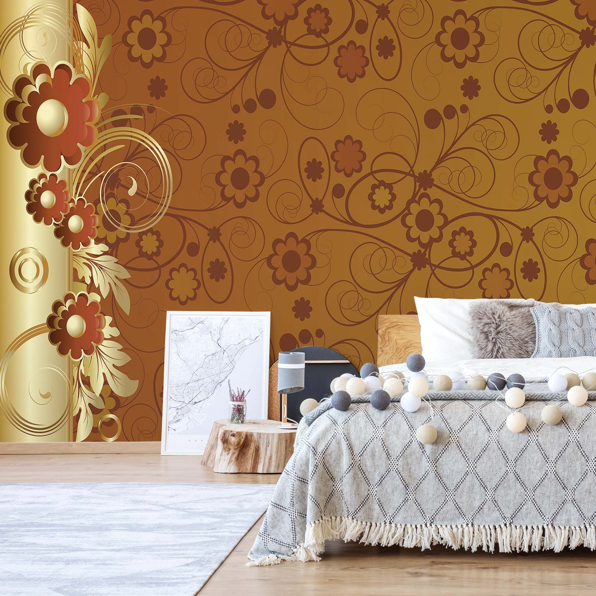 Brown And Gold Floral Design Photo Wallpaper Wall Mural - USTAD HOME