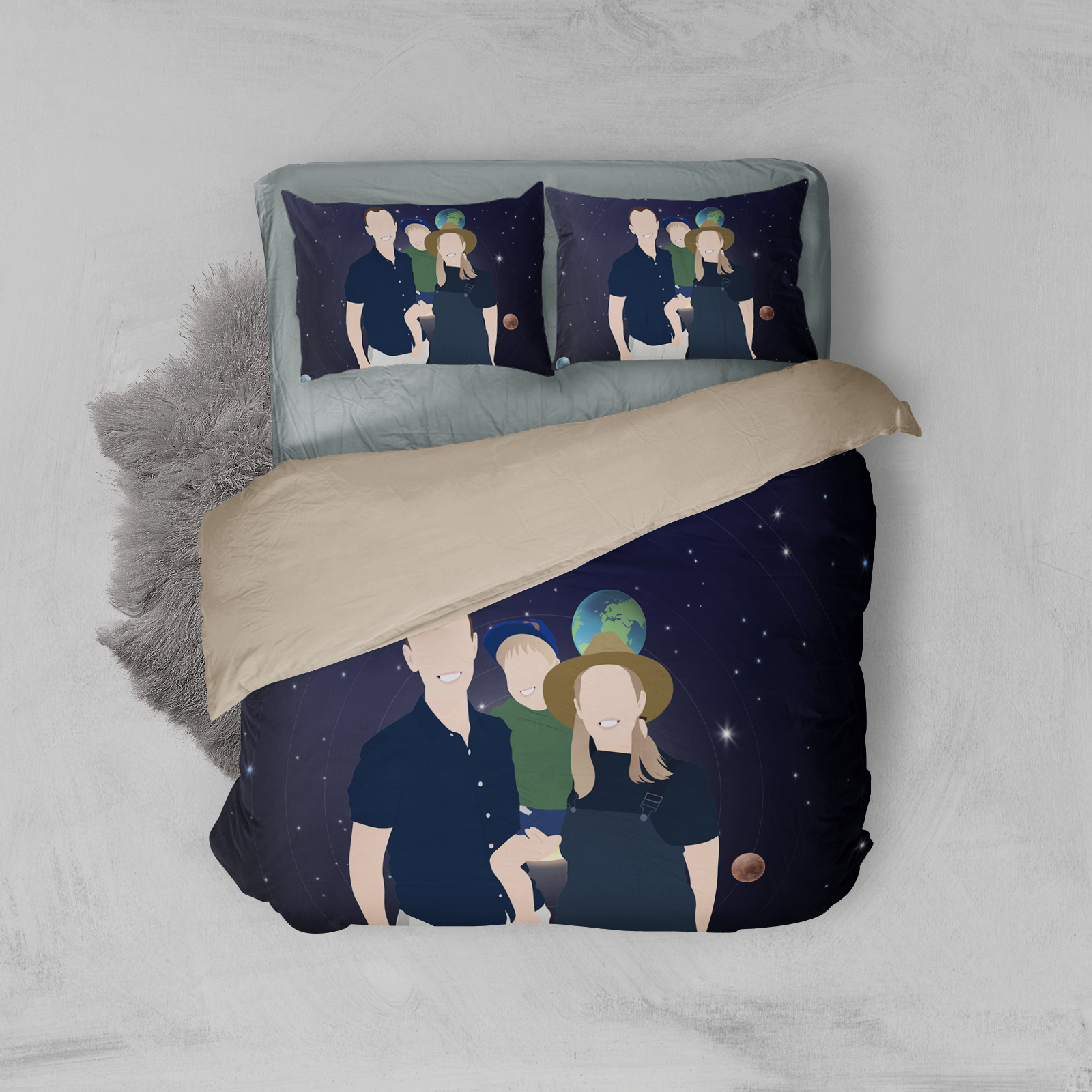 Personalized Faceless Illustration Photo Design Baby Couple Family Galaxy 3-Piece Bedding Set - USTAD HOME