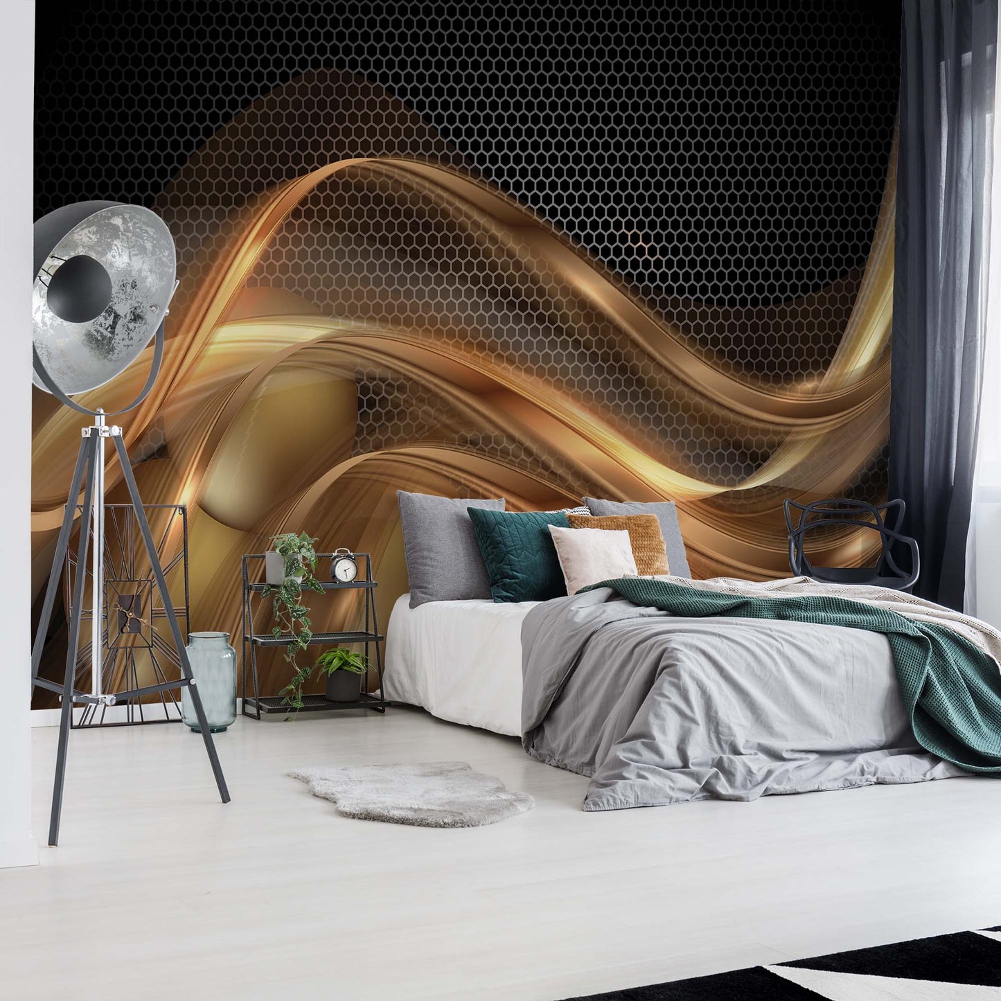 3D Gold Swirl Black Modern Photo Wallpaper Wall Mural - USTAD HOME