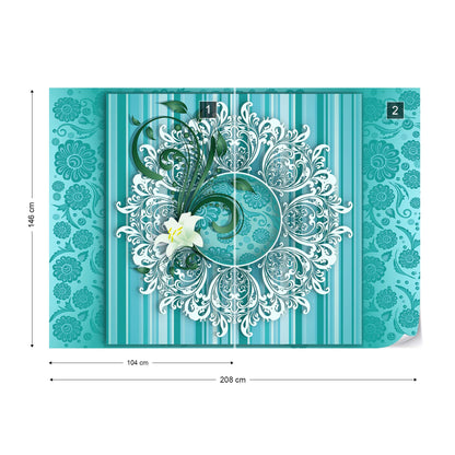 Vintage Floral Pattern Turquoise Photo Wallpaper Wall Mural - USTAD HOME