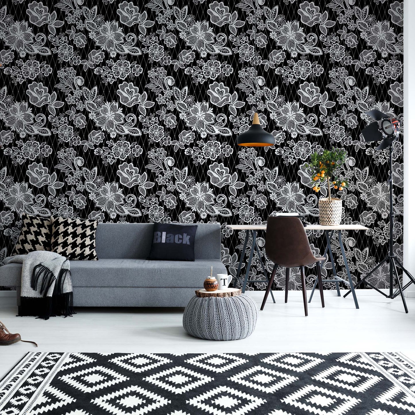 Modern Lace Pattern Black And White Photo Wallpaper Wall Mural - USTAD HOME
