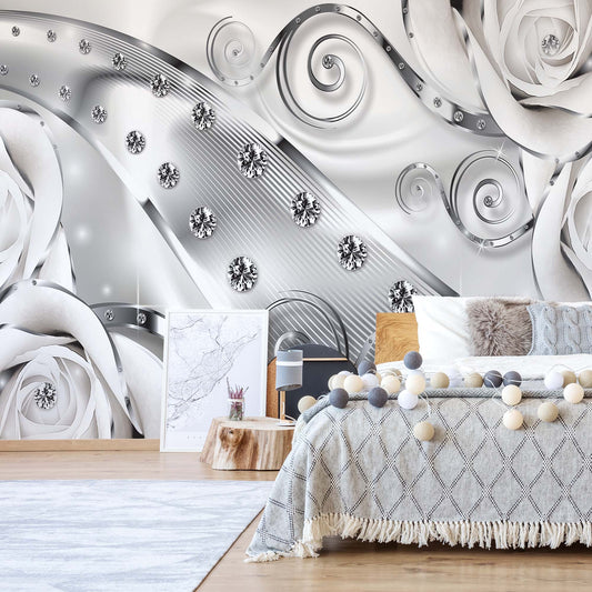 3D Luxury Ornamental Design Diamonds And Roses Silver Photo Wallpaper Wall Mural - USTAD HOME