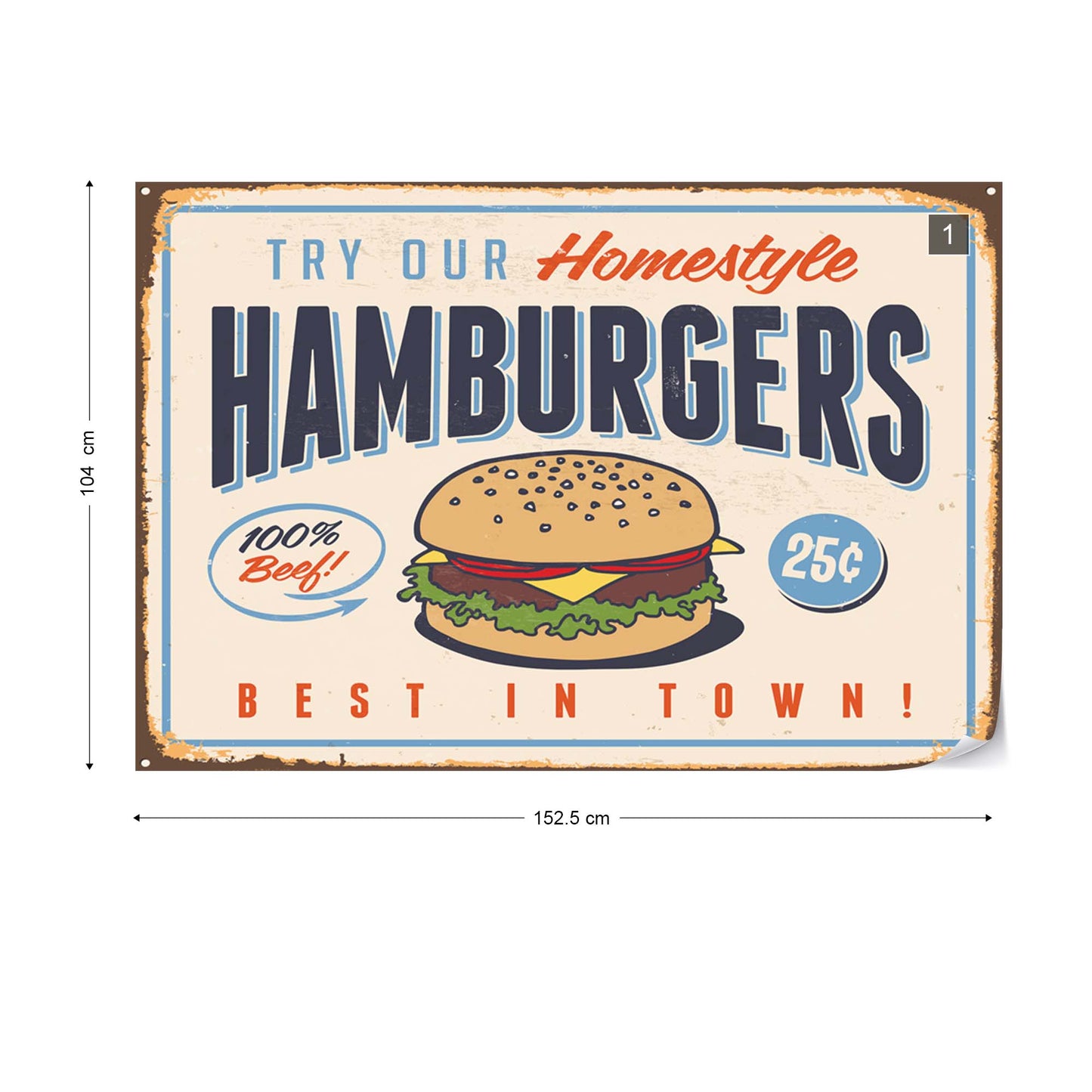 Retro Sign "Hamburgers" Photo Wallpaper Wall Mural - USTAD HOME