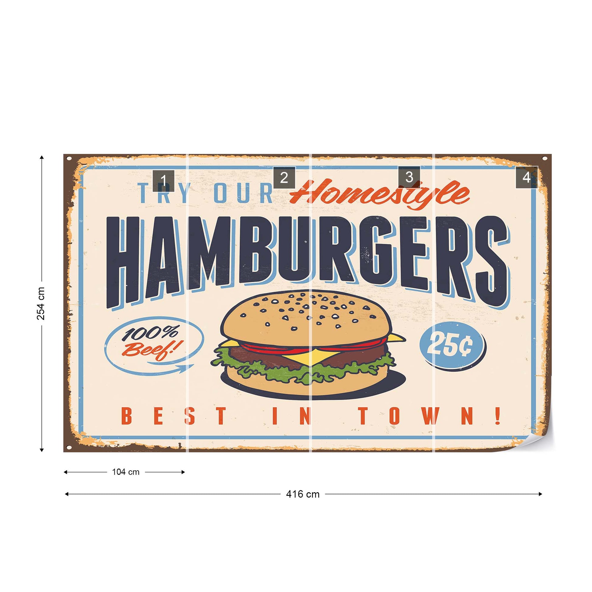 Retro Sign "Hamburgers" Photo Wallpaper Wall Mural - USTAD HOME