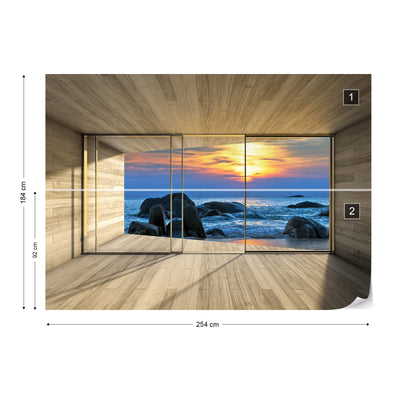 Beach Sunset 3D Modern Window View Photo Wallpaper Wall Mural - USTAD HOME