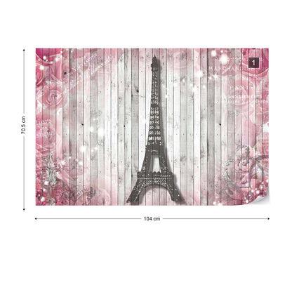 Eiffel Tower Paris Pink Roses Flowers Vintage Wood Planks Photo Wallpaper Wall Mural - USTAD HOME