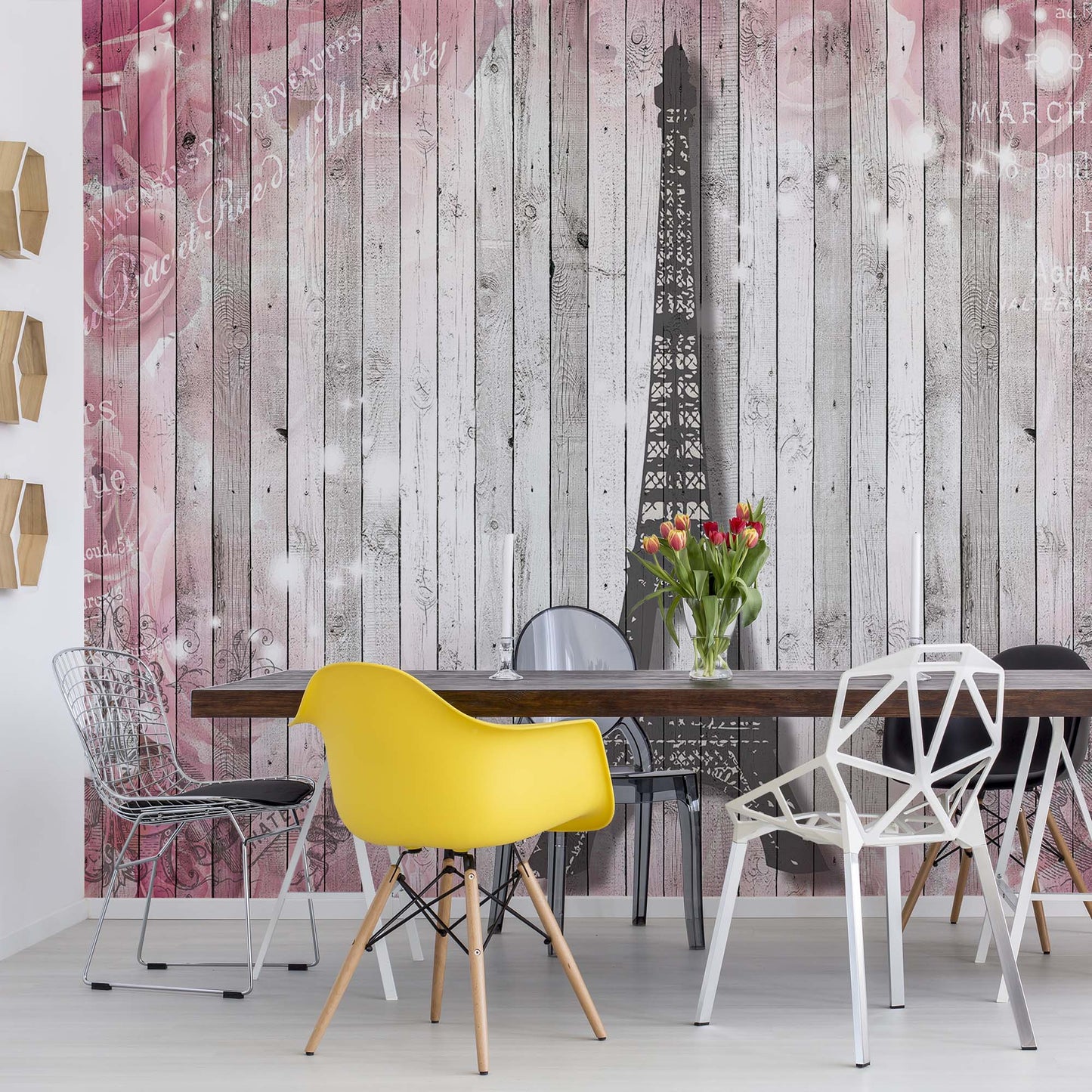 Eiffel Tower Paris Pink Roses Flowers Vintage Wood Planks Photo Wallpaper Wall Mural - USTAD HOME
