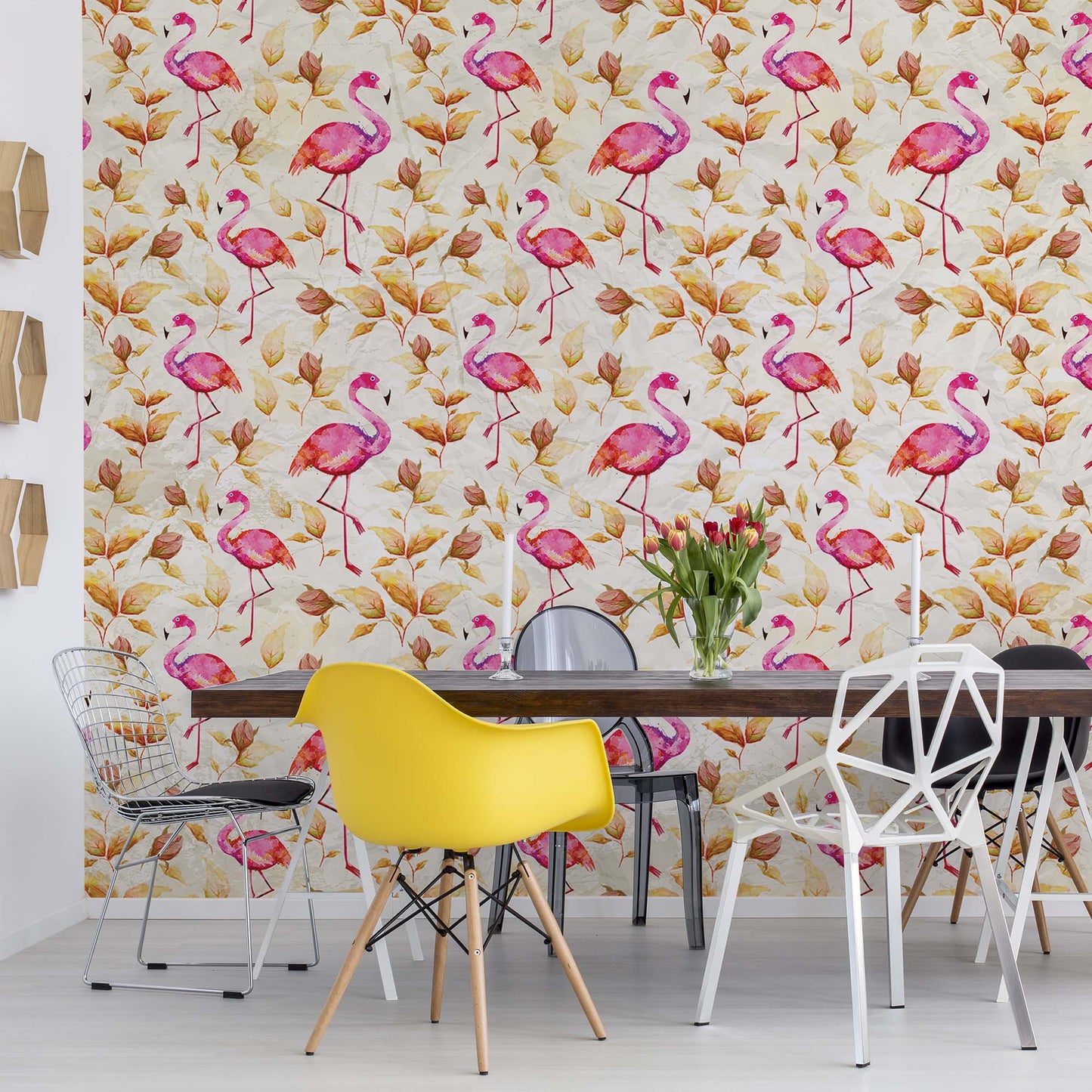 Modern Tropical Flamingo Pattern Yellow Photo Wallpaper Wall Mural - USTAD HOME