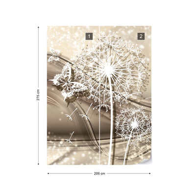 Dandelions And Butterflies Modern Design Sparkles Champagne Colour Photo Wallpaper Wall Mural - USTAD HOME
