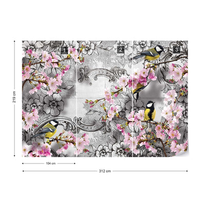 Birds And Cherry Blossom Flowers Vintage Design Photo Wallpaper Wall Mural - USTAD HOME