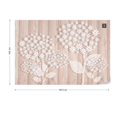 Illustrated Floral Design Light Pink Wood Plank Texture Photo Wallpaper Wall Mural - USTAD HOME