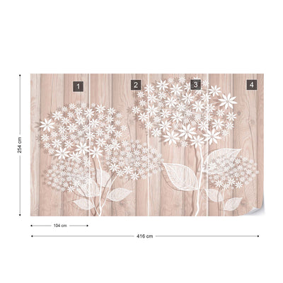 Illustrated Floral Design Light Pink Wood Plank Texture Photo Wallpaper Wall Mural - USTAD HOME