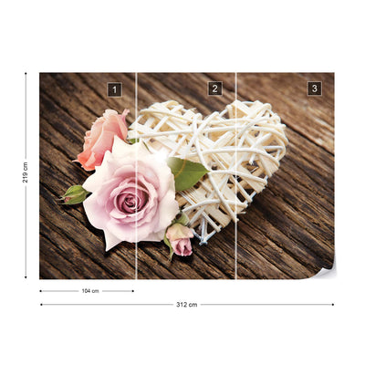 Pink Rose Heart Rustic Photo Wallpaper Wall Mural - USTAD HOME