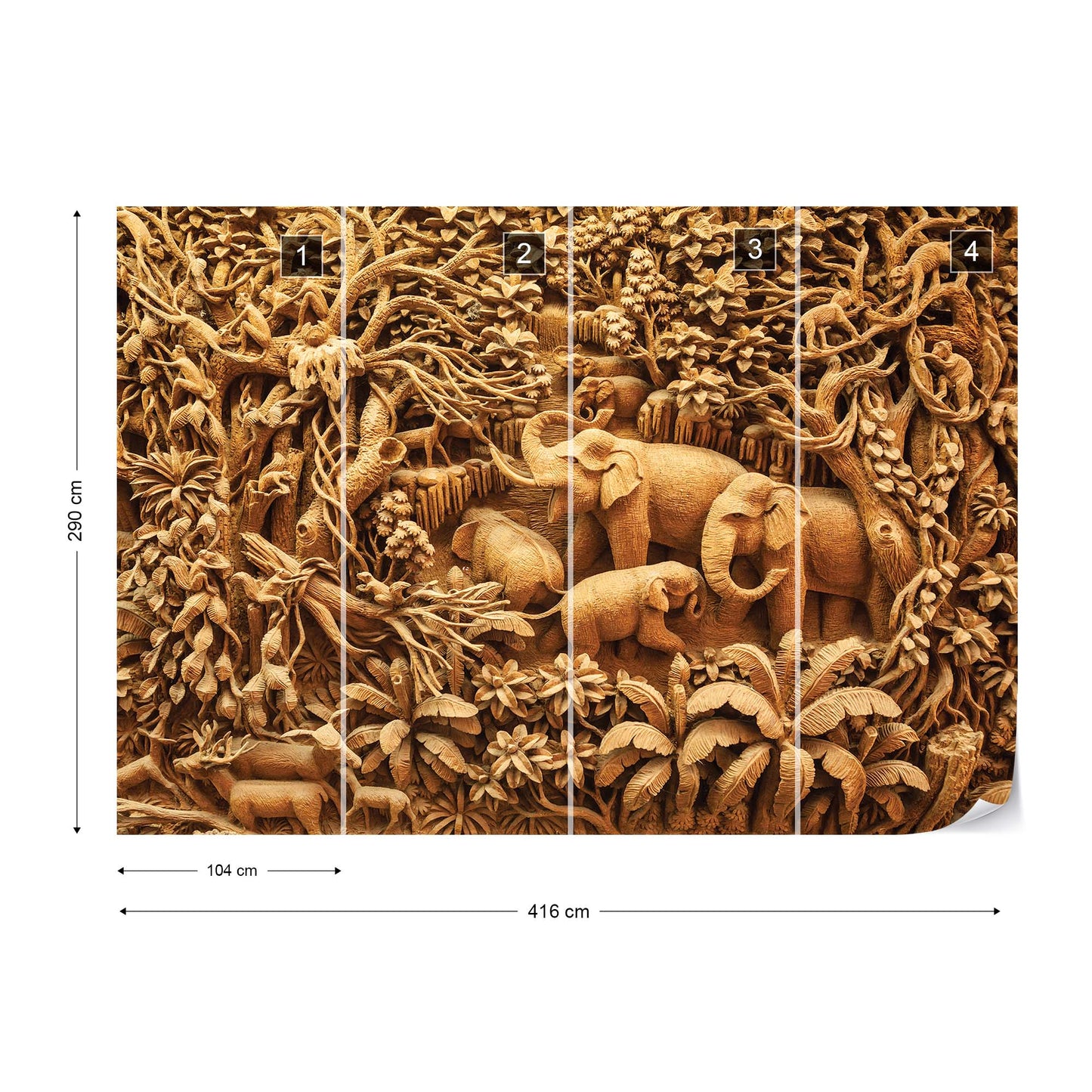 3D Carved Wood Jungle Elephants Sepia Photo Wallpaper Wall Mural - USTAD HOME