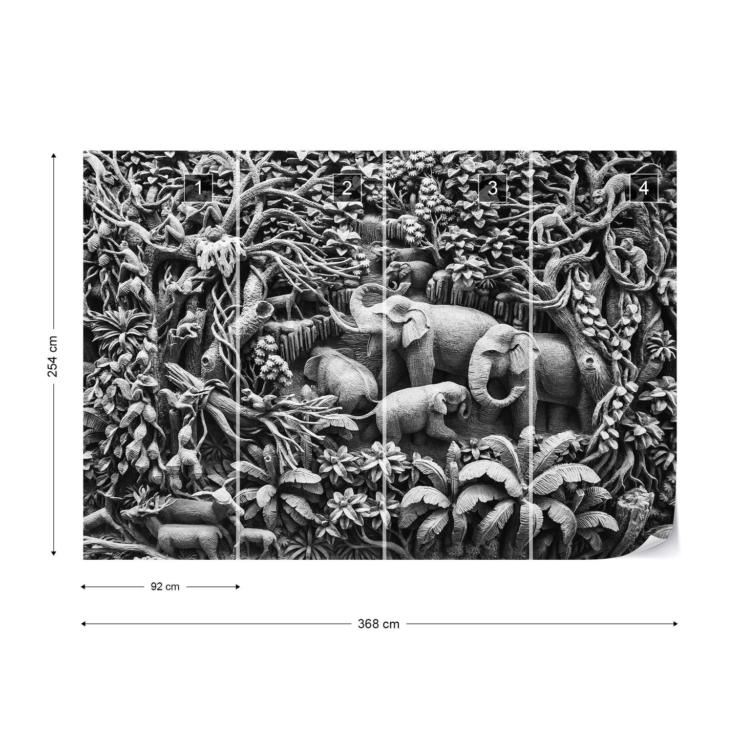 3D Carved Wood Jungle Elephants Black And White Photo Wallpaper Wall Mural - USTAD HOME