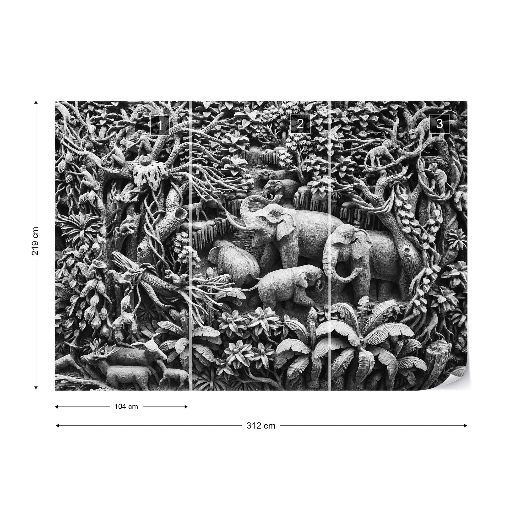 3D Carved Wood Jungle Elephants Black And White Photo Wallpaper Wall Mural - USTAD HOME