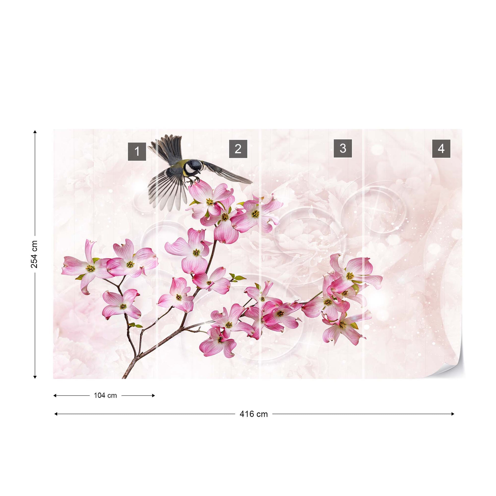 Flowers Bird Vintage Chic Pink Photo Wallpaper Wall Mural - USTAD HOME