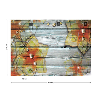Orange Flowers Wood Plank Texture Diamonds Photo Wallpaper Wall Mural - USTAD HOME