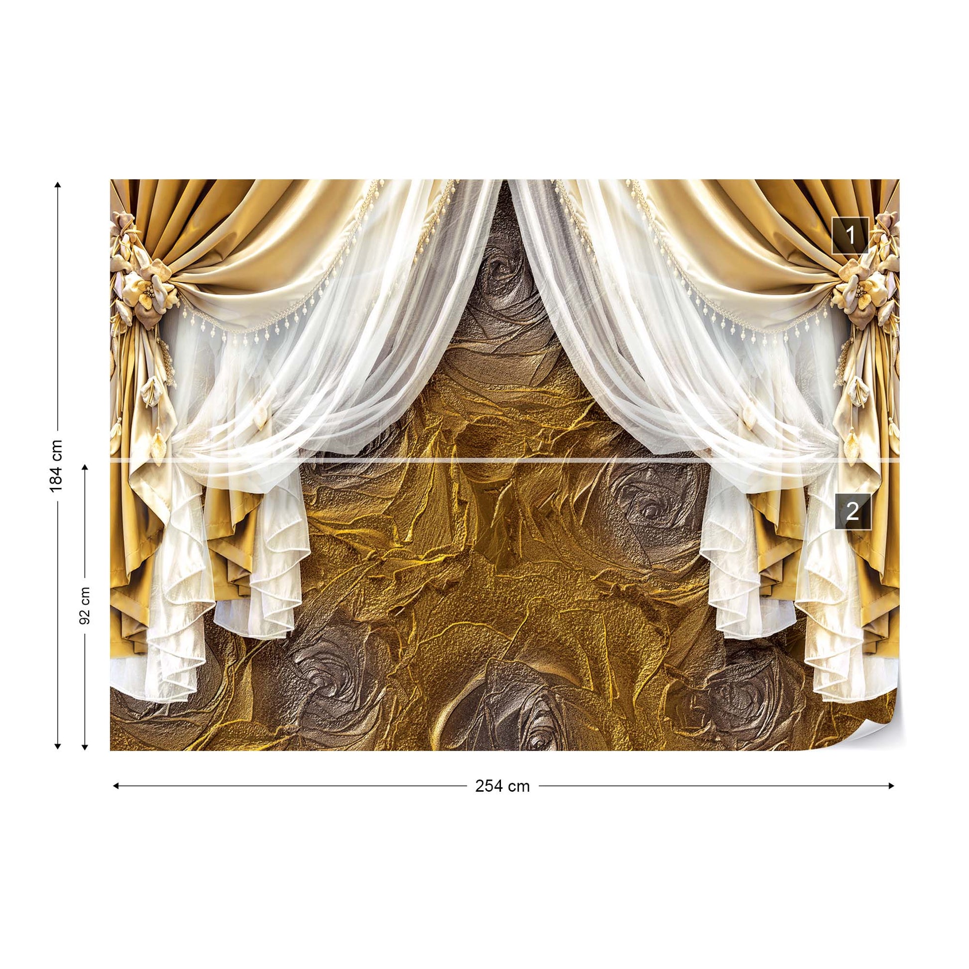 Golden Curtains Luxury Effect Photo Wallpaper Wall Mural - USTAD HOME