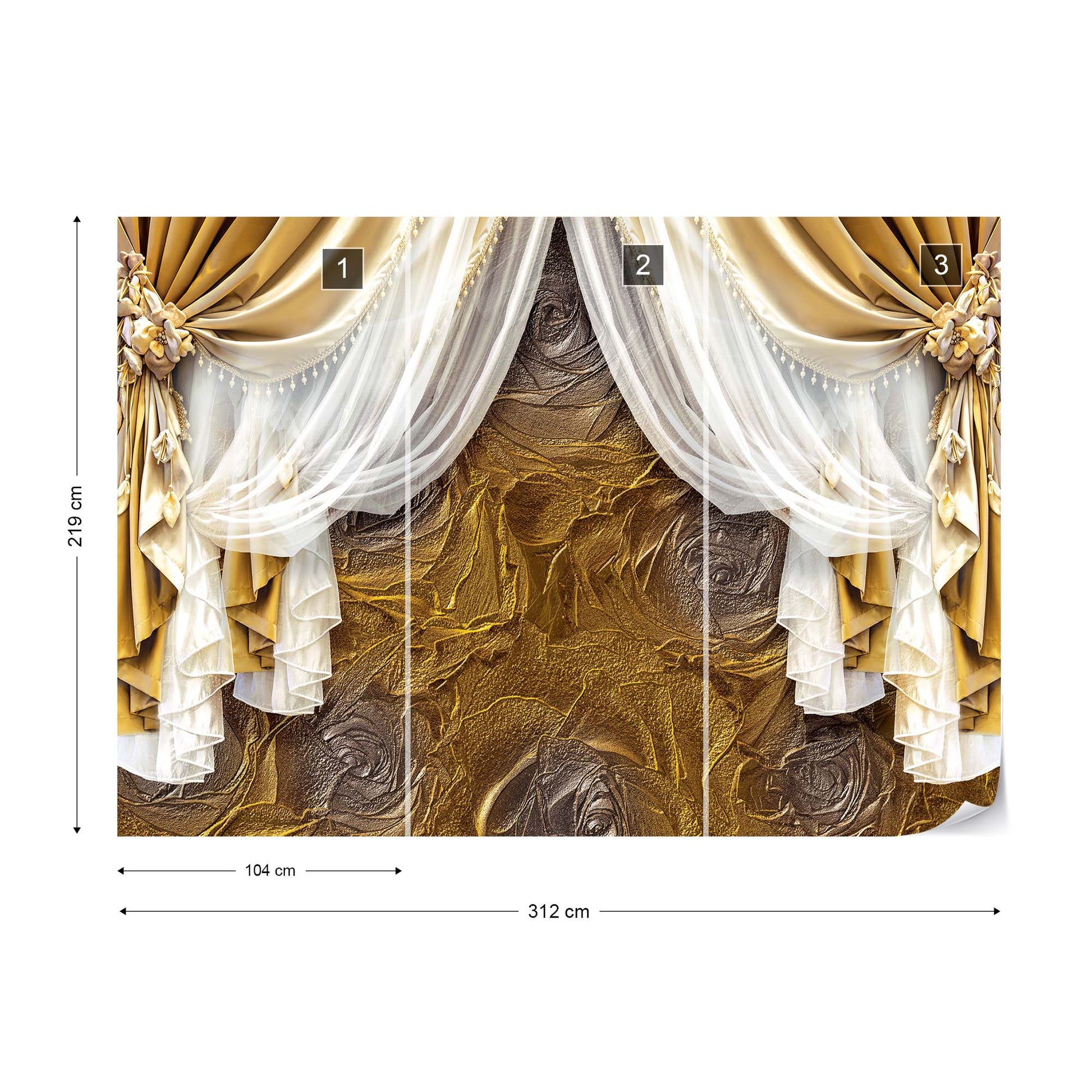 Golden Curtains Luxury Effect Photo Wallpaper Wall Mural - USTAD HOME