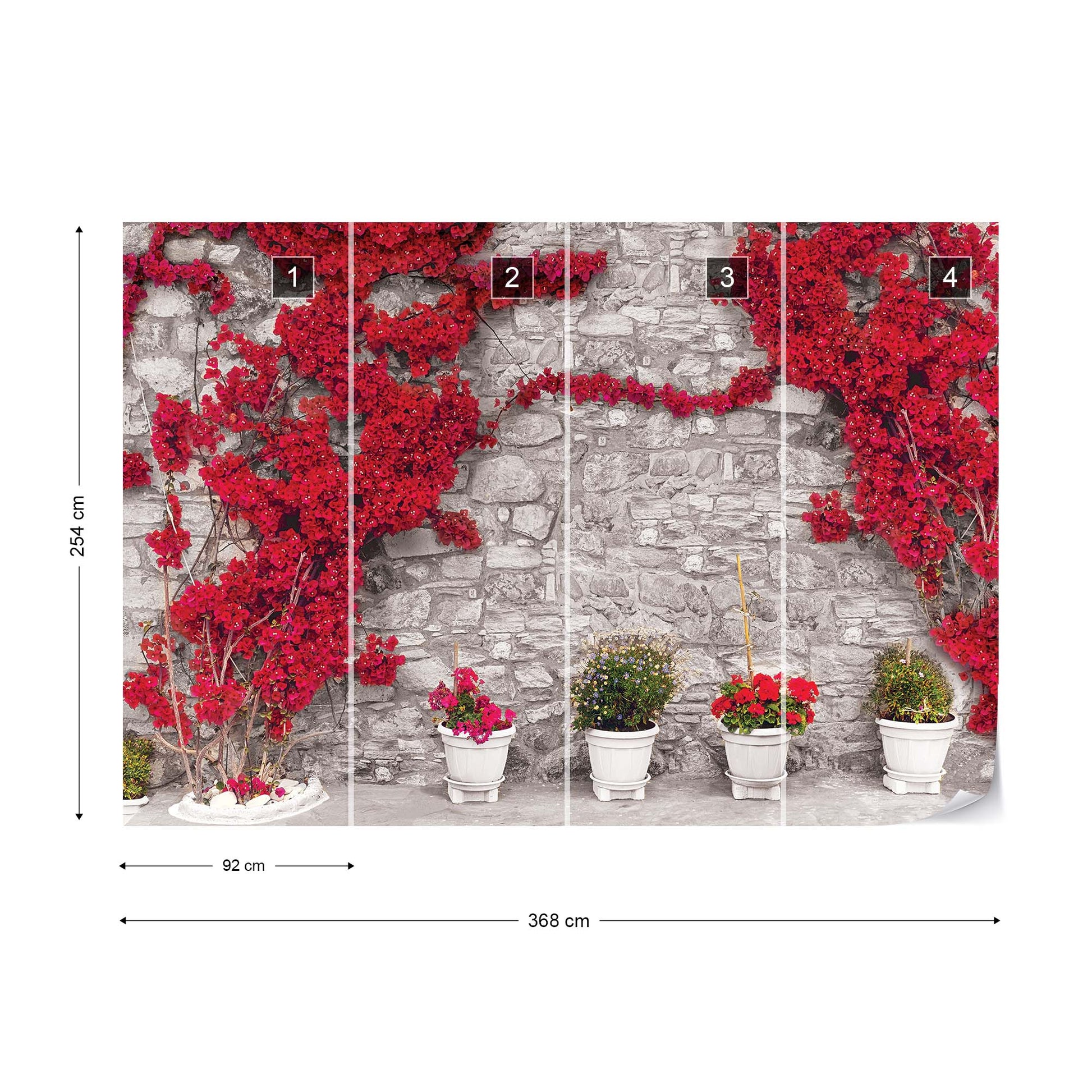 Red Flowers Old Stone Wall Photo Wallpaper Wall Mural - USTAD HOME