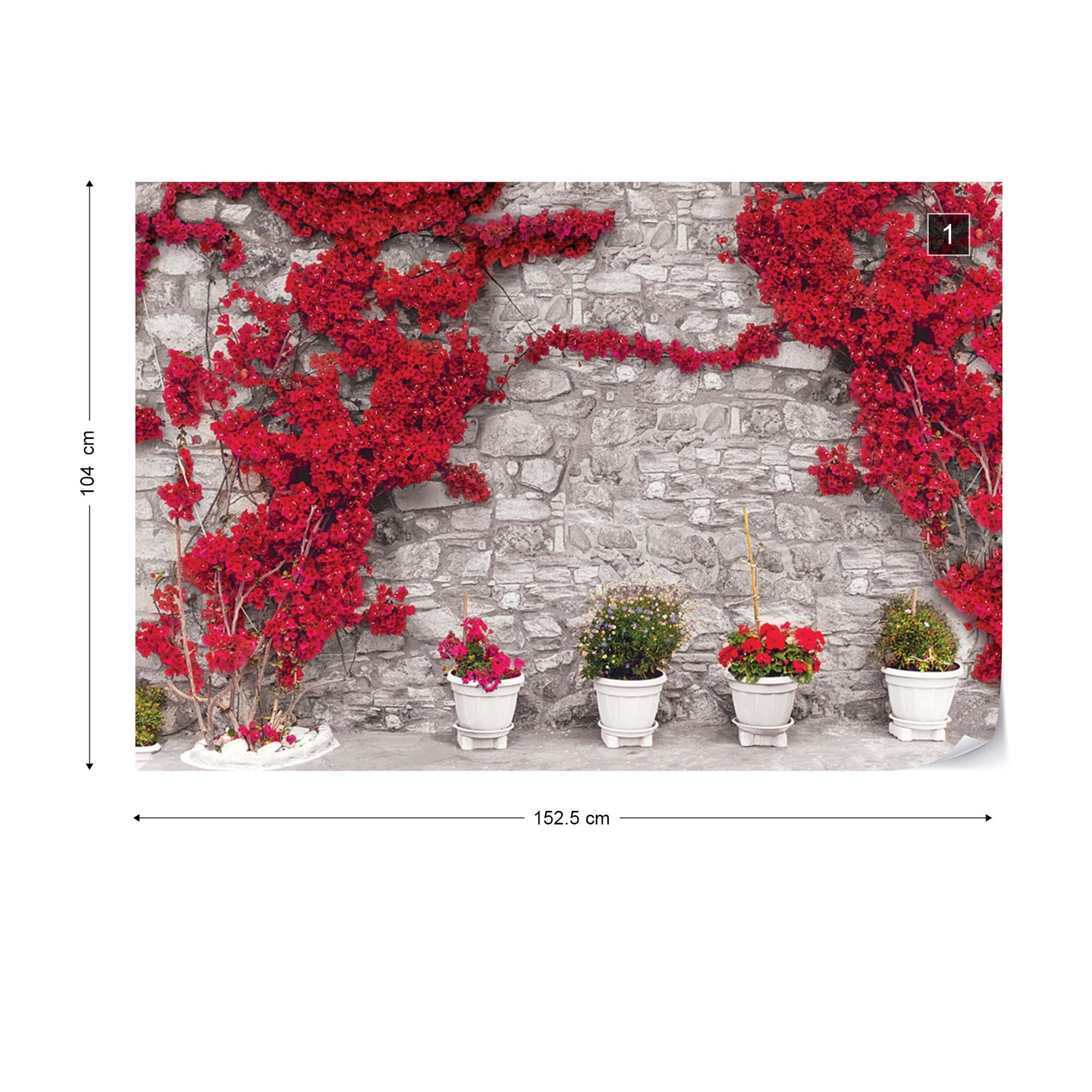 Red Flowers Old Stone Wall Photo Wallpaper Wall Mural - USTAD HOME