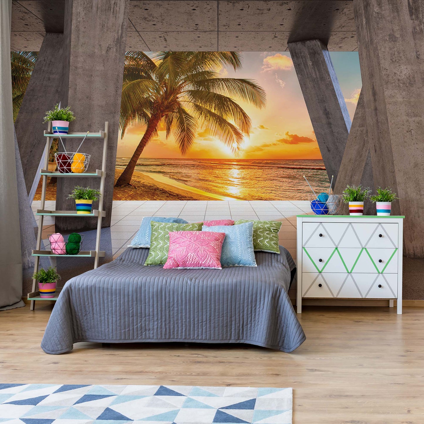 Sunset Tropical Beach 3D Modern View Concrete Photo Wallpaper Wall Mural - USTAD HOME