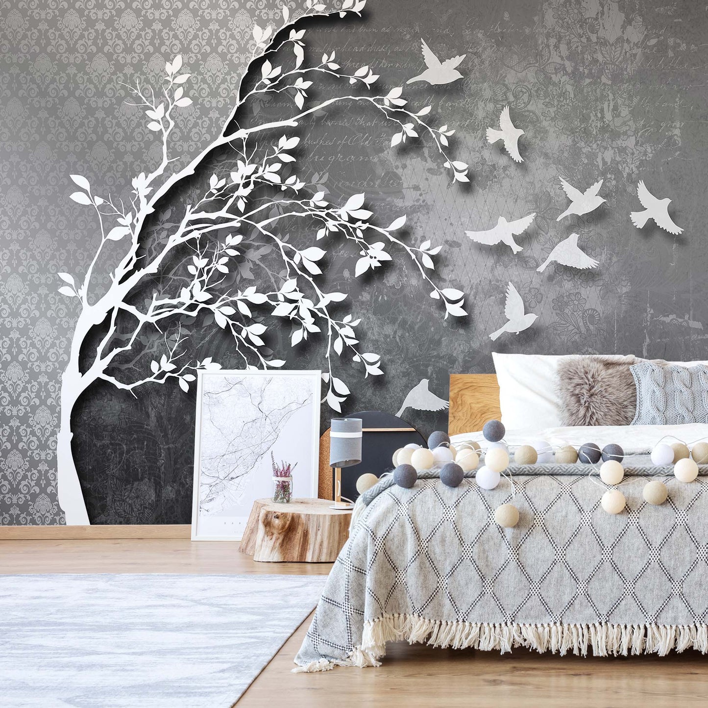 Modern Tree Leaves Birds Grey Photo Wallpaper Wall Mural - USTAD HOME