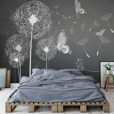 Modern Dandelions And Butterflies In Grey Photo Wallpaper Wall Mural - USTAD HOME