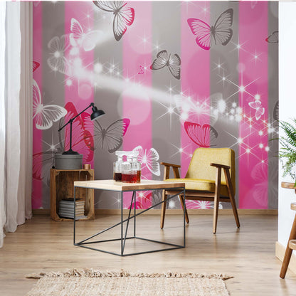 Butterflies Pink Stripes Photo Wallpaper Wall Mural - USTAD HOME