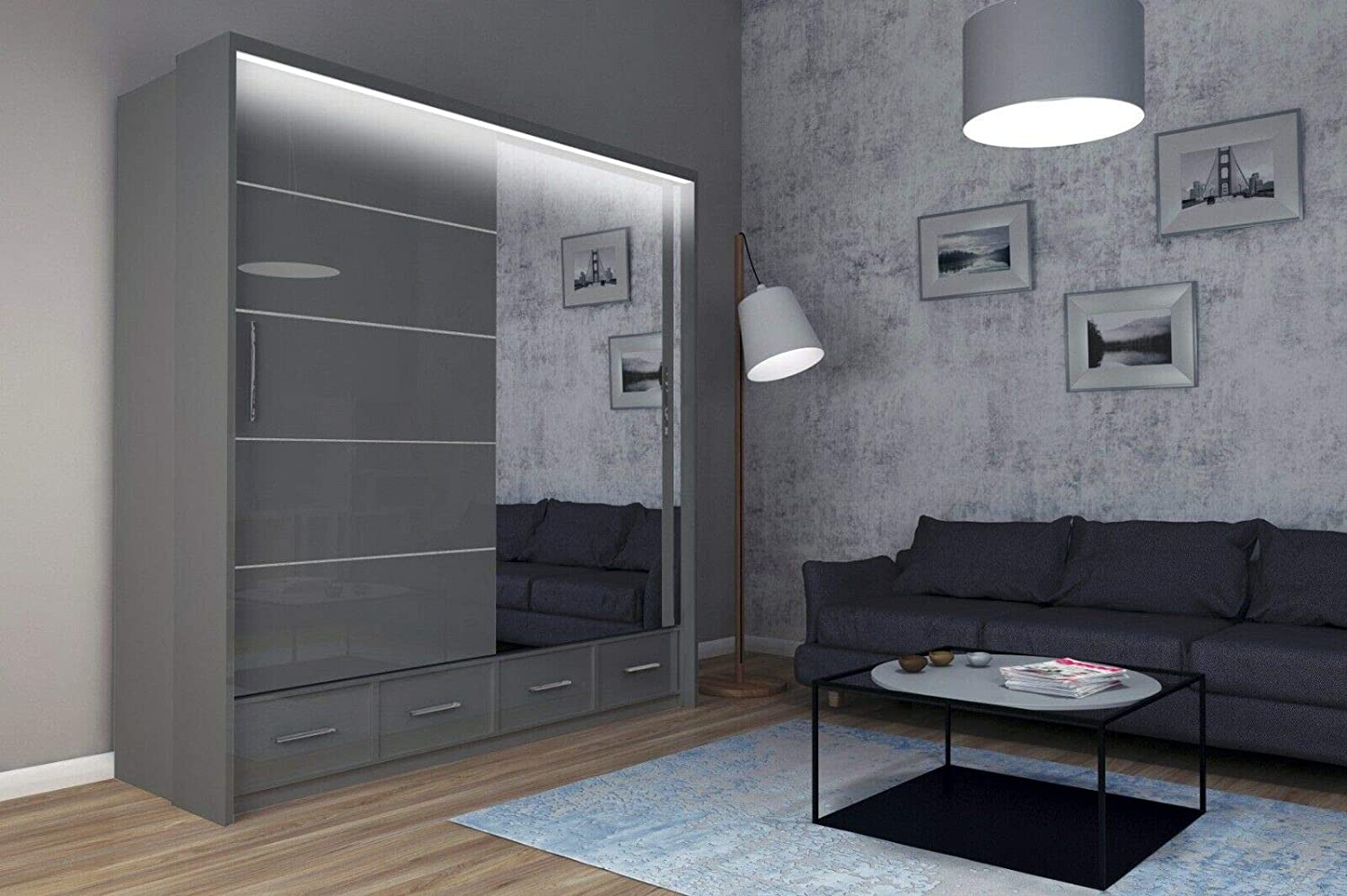 Mirror Sliding Doors Wardrobe with Long LED Light - USTAD HOME