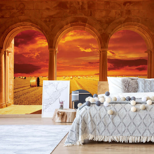 Countryside Field View Through Stone Arches Photo Wallpaper Wall Mural - USTAD HOME